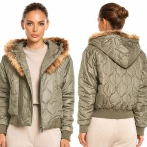 Nwt NSF Goya Faux Fur Trim Dropped Shoulder Puffer Jacket Olive Camo Green